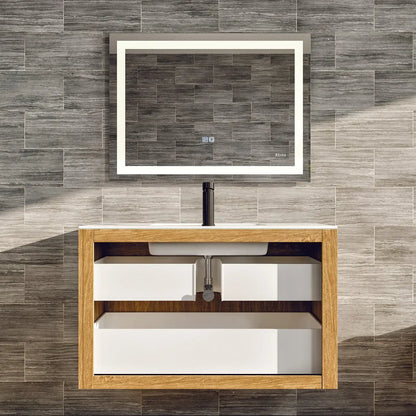 Eviva Mosaic 33 in. Wall Mounted Oak Bathroom Vanity with White Integrated Solid Surface Countertop