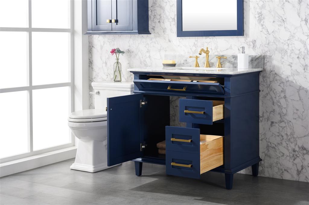 36" Single Sink Vanity Cabinet with Carrara White Marble or Blue Limestone Countertop