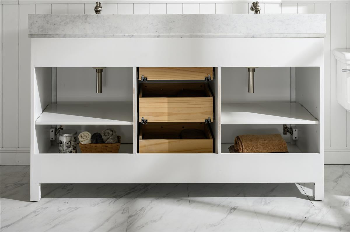 60" Double Sink Vanity Cabinet with Carrara White Marble or Blue Limestone Countertop