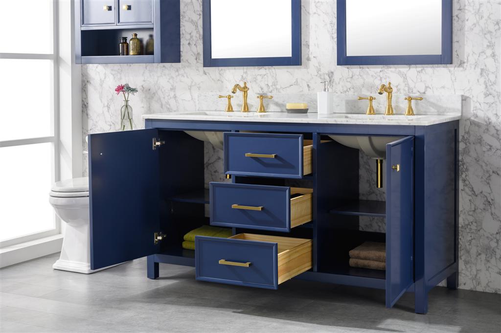 60" Double Sink Vanity Cabinet with Carrara White Marble or Blue Limestone Countertop