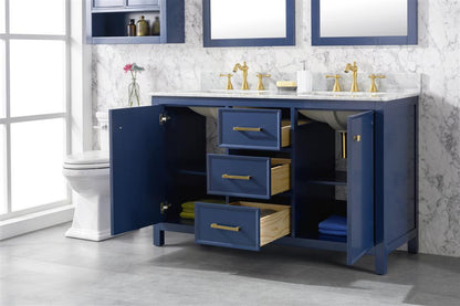 54" Double Sink Vanity Cabinet with Carrara White Marble or Blue Limestone Countertop