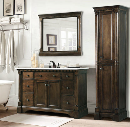 48" Antique Coffee Freestanding Single Sink Vanity with Carrara Marble White Top and Matching Backsplash