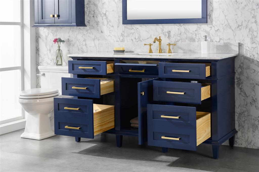 60" Single Sink Vanity Cabinet with Carrara White Marble or Blue Limestone Countertop