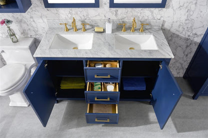 54" Double Sink Vanity Cabinet with Carrara White Marble or Blue Limestone Countertop