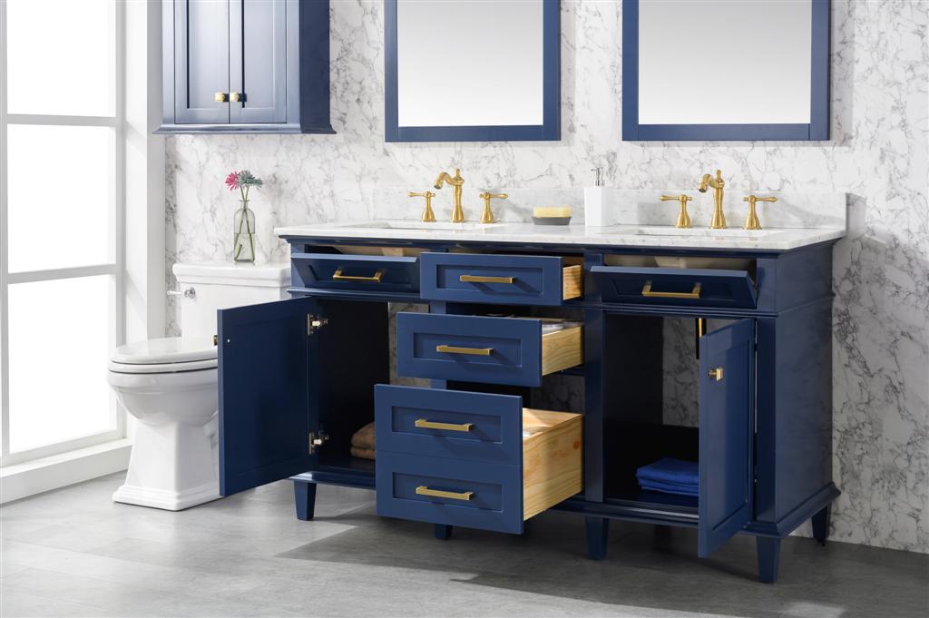 60" Double Sink Vanity Cabinet with Carrara White Marble or Blue Limestone Countertop