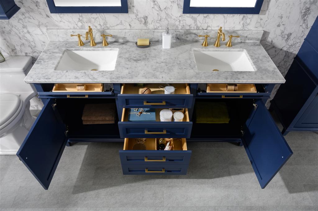 72" Double Sink Vanity Cabinet with Carrara White Marble or Blue Limestone Countertop