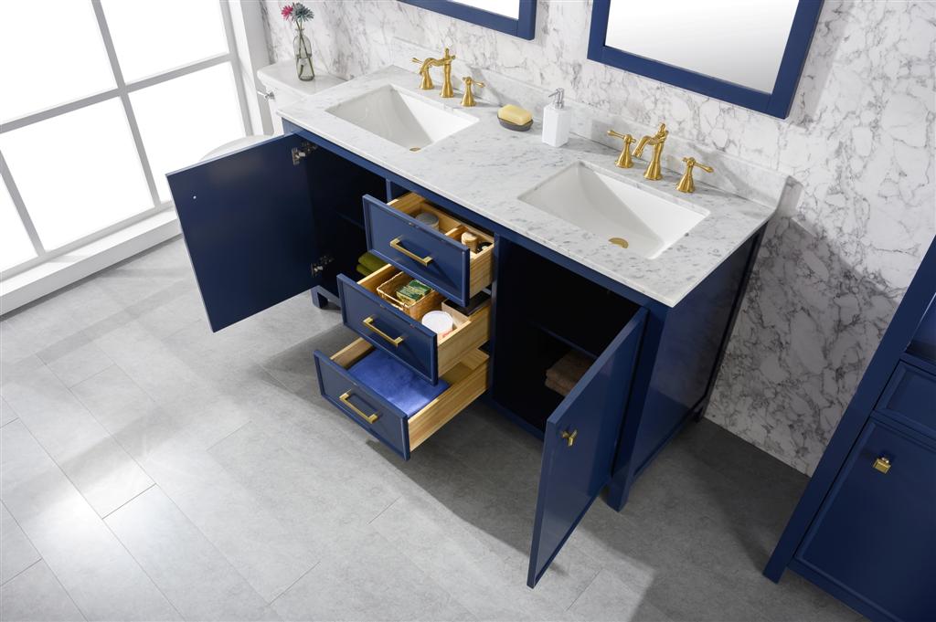 60" Double Sink Vanity Cabinet with Carrara White Marble or Blue Limestone Countertop